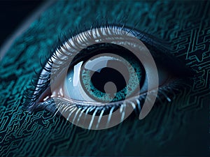 Eye on circuit board and microchips closeup. Ai Generated