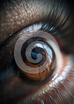 Eye close view. Human eye glance photo background. Emotional look, human face elements