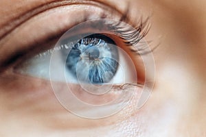 Eye close view. Human eye glance photo background. Emotional look, human face elements