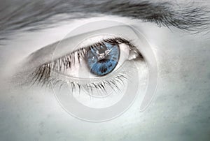 Eye close view. Human eye glance photo background. Emotional look, human face elements