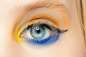 Eye closeup. Female eye with eyeshadow and black eyeliner arrow makeup close up