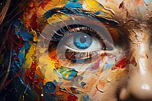 Eye with colorful paint strokes on skin., Generated AI