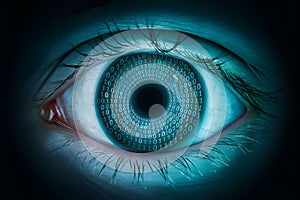 Eye with digital matrix of binary numbers streaming across iris