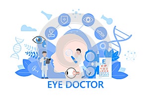 Eye doctor concept vector. Glaucoma treatment concept vector. Medical ophthalmologist eyesight check up with tiny people character
