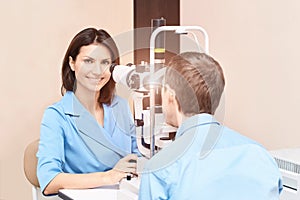 Eye doctor diagnostic. Patient at medical clinic.