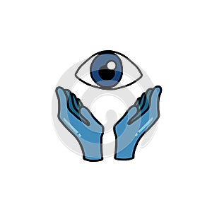 Eye in doctor glove hand cartoon