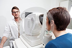 Eye Doctor is measuring a patient`s visual field