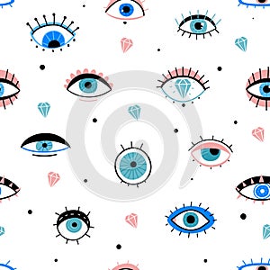 Eye doodles seamless pattern. Hand drawn various eyes talismans, different shapes mystic elements, trendy print fabric photo