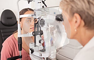 Eye exam, ophthalmologist and vision of woman, eyes or eye test with slit lamp or machine. Healthcare, eyesight and