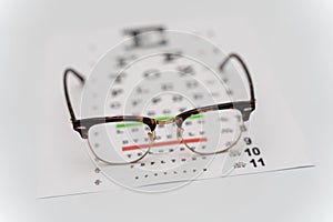 Eye Exam, The testing Board for verification of the patien. Vision test board optometrist with glasses