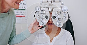 Eye exam, women and optometrist talking with patient, explain process and test vision, ocular wellness or sight. Optical