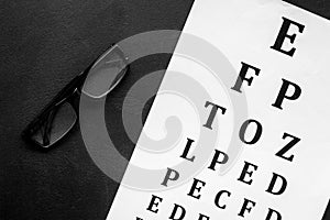 Eye examination. Eyesight test chart and glasses on black background top view