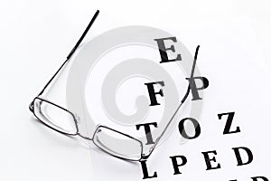 Eye examination. Eyesight test chart and glasses on white background