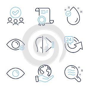 Eye, Face id and Skin condition icons set. 24 hours, Vitamin e and Farsightedness signs. Vector photo