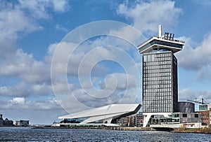 Eye Film Institute next to the A`dam tower seen from The IJ