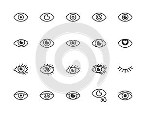Eye flat line icons set. Tired eyes, vision, eyesight, makeup simple vector illustrations. Outline signs for visibility