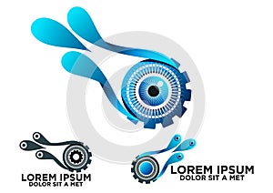 Eye gear and water logo, concept water splash vision technology icon design in a set