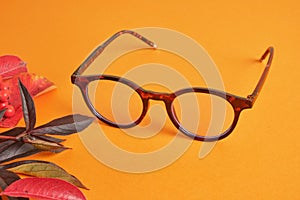 Eye glasses nad red autumn leaves on orange background copy space