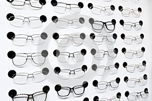 Eye glasses on the shelf in shop
