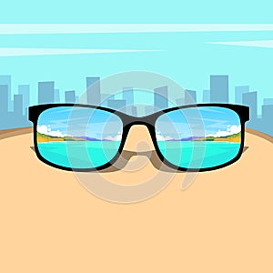 Eye Glasses With Summer Sea, Beach Picture Vacation Rest Dream Concept Over Big City Background