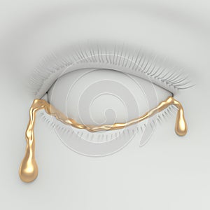 Eye and a golden tear. 3d rendering.