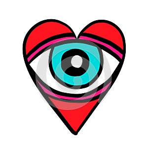 Eye in heart hand drawn vector logo in cartoon comic style illustration for prints posters psychedelic