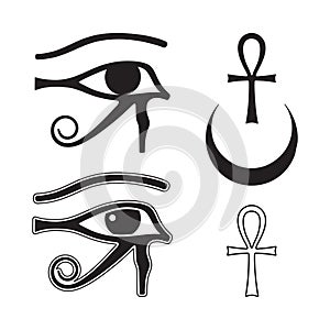 Eye of Horus, ankh cross and crescent moon set of hand drawn elements ancient Egypt vector illustration