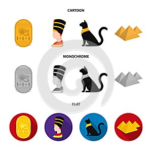 Eye of Horus, black Egyptian cat, pyramids, head of Nefertiti.Ancient Egypt set collection icons in cartoon,flat