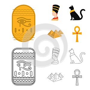 Eye of Horus, black Egyptian cat, pyramids, head of Nefertiti.Ancient Egypt set collection icons in cartoon,outline