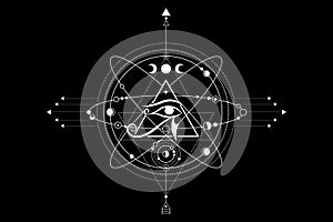 Eye Of Horus Logo design. The ancient symbol of Egyptian pyramid, third Eye, cosmic symbols, orbits of planets, lunar system