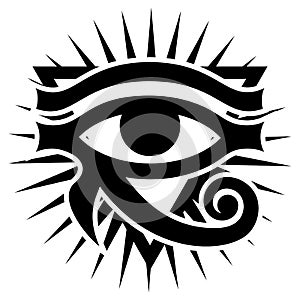 The Eye of Horus with rays of Sun. Ancient symbol pattern. Vector monochrome illustration. White background