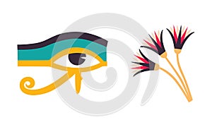 Eye of Horus or Udjat and Lotus Flower as Ancient Egyptian Symbol of Royal Power Vector Set