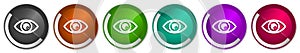 Eye icon set, see, vision, sight and view silver metallic chrome border vector web buttons in 6 colors options for webdesign