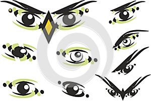 Eye icons and owl mask on a white backdrop for your design