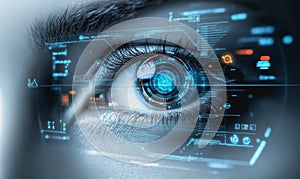 Eye interacting with futuristic HUD display, biometric data, and digital interface elements