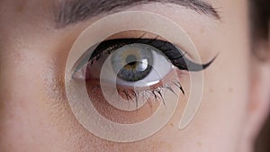 Eye iris contracting, pupil dilation of woman blue eye