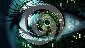 Eye iris and green electronic circuit. Artificial intelligence technology futuristic background