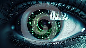 Eye iris and green electronic circuit. Artificial intelligence technology futuristic background