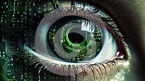 Eye iris and green electronic circuit. Artificial intelligence technology futuristic background