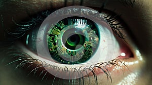 Eye iris and green electronic circuit. Artificial intelligence technology futuristic background