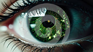 Eye iris and green electronic circuit. Artificial intelligence technology futuristic background