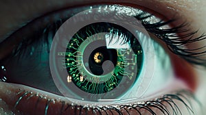 Eye iris and green electronic circuit. Artificial intelligence technology futuristic background