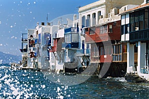 Eye-level shot of colorful balconies of Little Venice, Mikonos, Greece