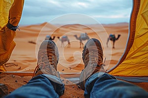 Eye-level view with desert and camels from tent