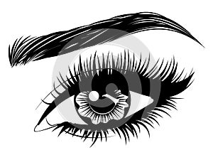 Eye with long eyelashes and brows