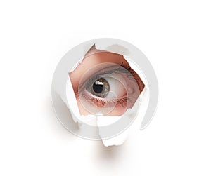 Eye looking through hole in white empty paper poster