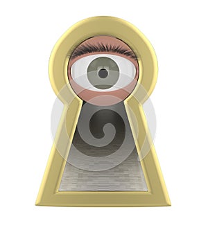 Eye looking through a keyhole isolated 3d illustration