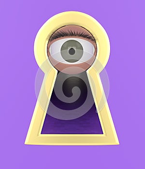 Eye looking through a keyhole violet background 3d illustration