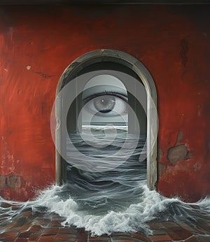 Eye looking through the portal with ocean waves crashing.