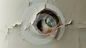 An eye looking through a torn hole in paper or wall.
